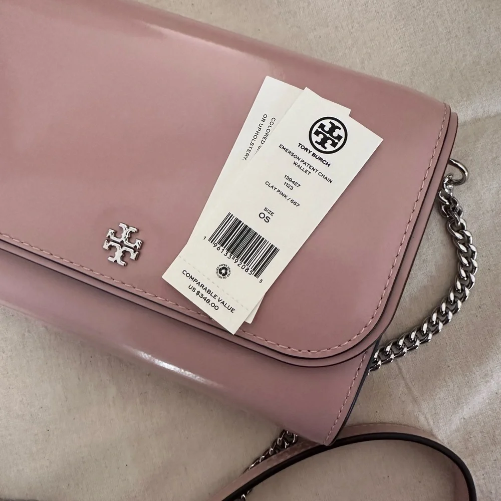 New Tory Burch EMERSON PATENT CHAIN WALLET CLAY PINK - Picture 4 of 9